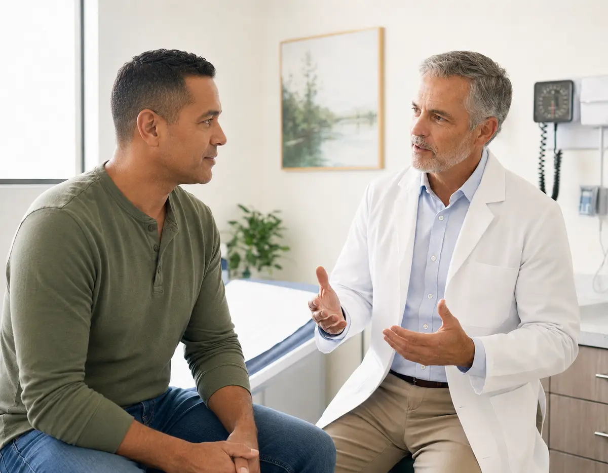 Mixed-race male patient in his 40s consulting with an experienced male doctor